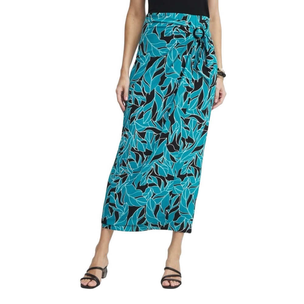 Chico's Traveler’s Faux Wrap Teal and Black Leaf Pattern Maxi Skirt (H-1)